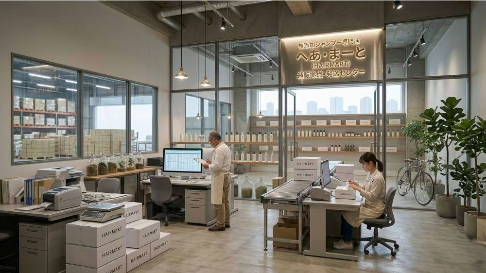 無添加シャンプー専門店へあ・まーと（HAIRMART）の通販拠点・発送センターの内部。コンクリート打ちっぱなしのモダンな事務所内で、店主の山井が在庫を確認し、若い女性スタッフが最新ロットの『泡のきもち』を丁寧に梱包している様子。清潔感のある空間とシステマチックな発送ラインが、品質管理の徹底を象徴している。