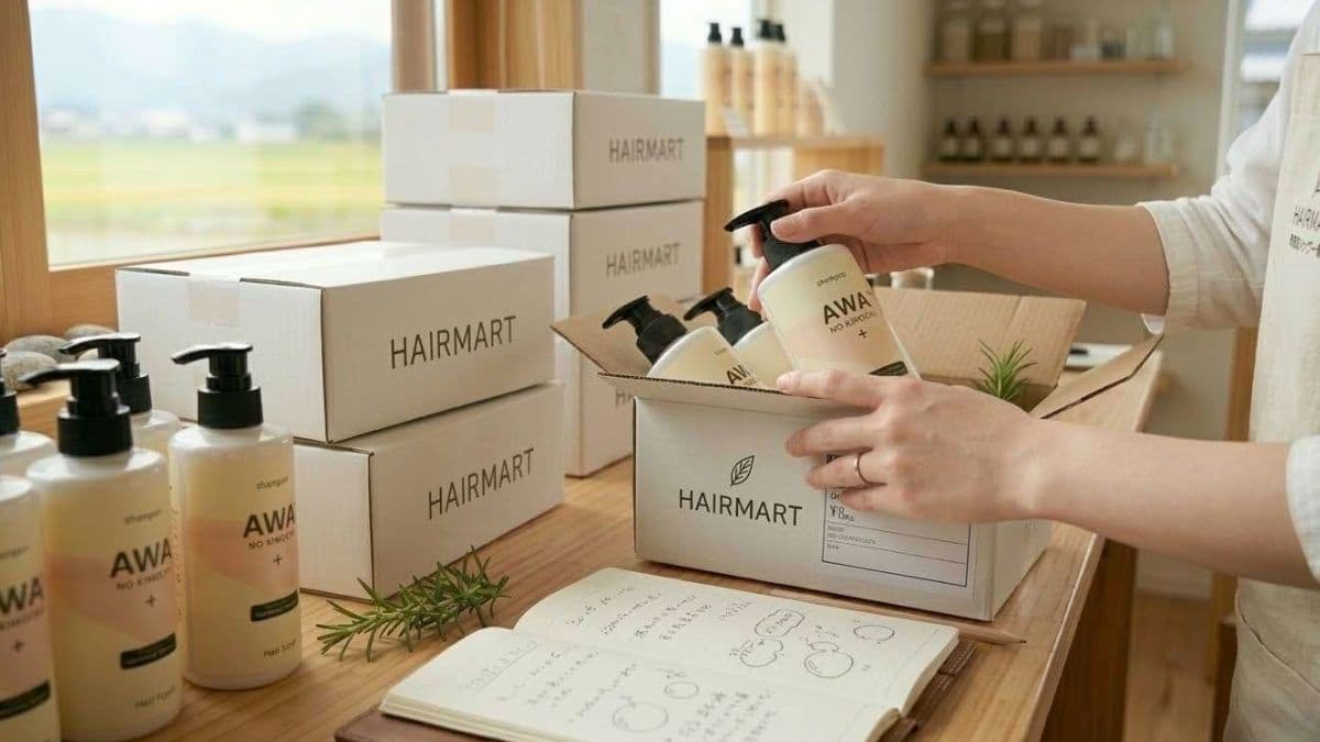 『最高の鮮度』と『ミクロの設計』。HAIRMARTオーナー山井龍己の10年間の構想が詰まった notebookと、その成果である『泡のきもちシャンプー＋』のボトル。受注生産による最新ロットを新鮮な状態で届けるためのラボ（研究・ dispatch center）の雰囲気を、自然光が差し込む大きな窓と木の質感で表現。